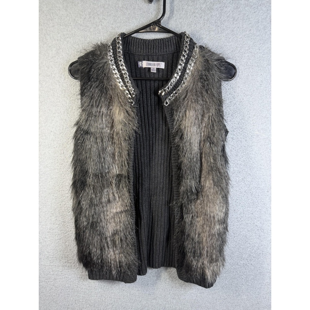 Jennifer Lopez Sweater Vest Womens XS Gray Faux Fur Chain Trim Open Front‎